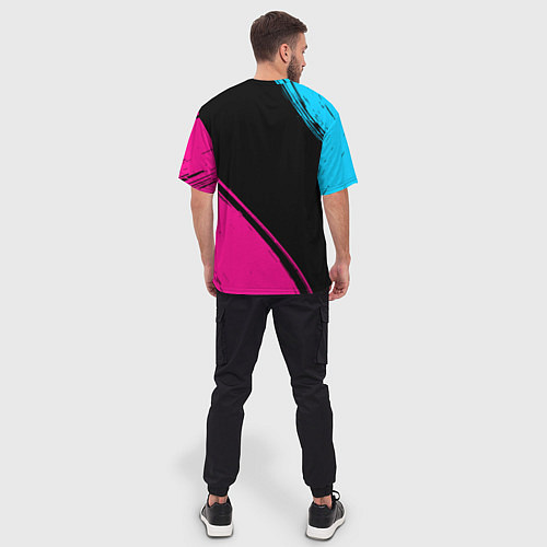 Мужская футболка оверсайз Inter - neon gradient: символ и надпись вертикальн / 3D-принт – фото 4
