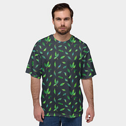 Футболка оверсайз мужская Зеленые листья и веточки на темном фоне, цвет: 3D-принт — фото 2