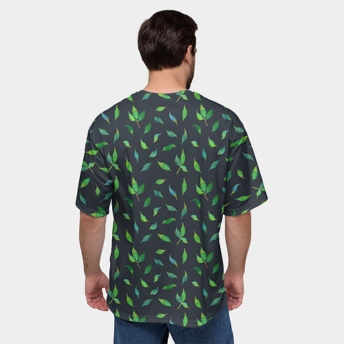 Мужская футболка оверсайз Зеленые листья и веточки на темном фоне / 3D-принт – фото 4