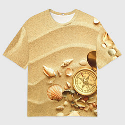 Футболка оверсайз мужская Композиция из ракушек и компаса на песке, цвет: 3D-принт