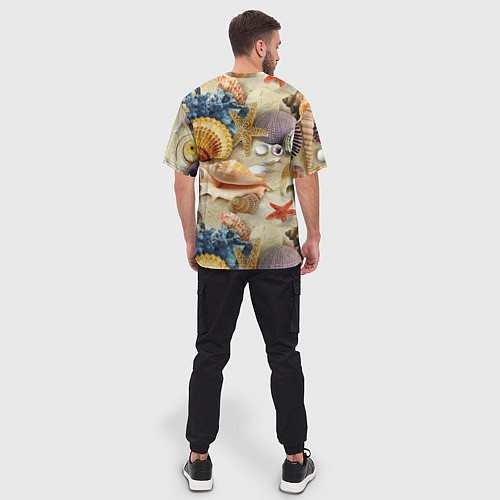 Мужская футболка оверсайз Морские раковины, кораллы, морские звёзды на песке / 3D-принт – фото 4