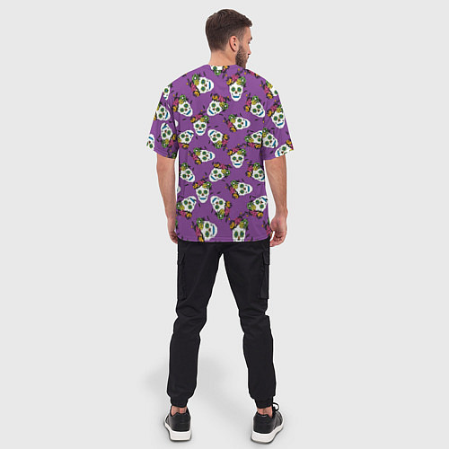 Мужская футболка оверсайз Сахарные черепа на фиолетовом паттерн / 3D-принт – фото 4