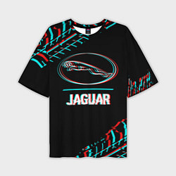 Футболка оверсайз мужская Значок Jaguar в стиле glitch на темном фоне, цвет: 3D-принт