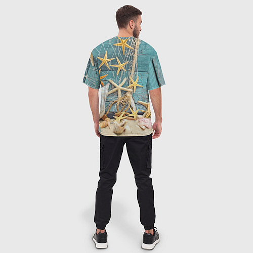 Мужская футболка оверсайз Натюрморт из сети, морских звёзд и ракушек - лето / 3D-принт – фото 4