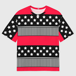 Футболка оверсайз мужская Red and black pattern with stripes and stars, цвет: 3D-принт