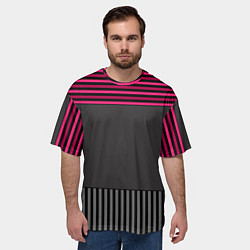 Футболка оверсайз мужская Комбинированный серый с красным полосатый узор, цвет: 3D-принт — фото 2