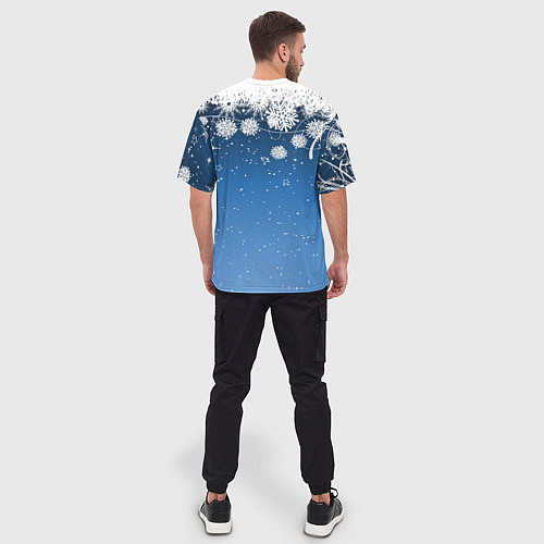 Мужская футболка оверсайз Снежный узор на синем фоне / 3D-принт – фото 4