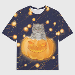 Футболка оверсайз мужская Котик в тыкве, хеллоуин, цвет: 3D-принт
