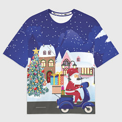Футболка оверсайз мужская Дед Мороз едет на скутере с подарками в Новогоднюю, цвет: 3D-принт