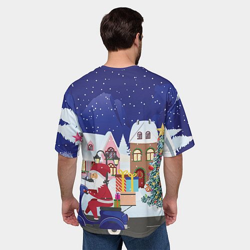 Мужская футболка оверсайз Дед Мороз едет на скутере с подарками в Новогоднюю / 3D-принт – фото 4