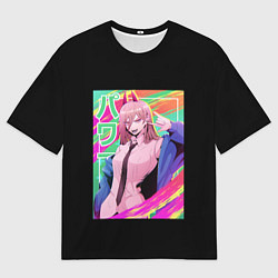 Мужская футболка оверсайз Человек-бензопила Пауэр на разноцветном фоне