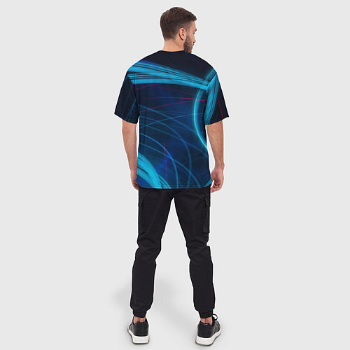 Мужская футболка оверсайз Синие абстрактные линии в темноте / 3D-принт – фото 4