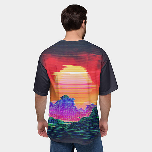 Мужская футболка оверсайз Синтвейв неоновые горы на закате / 3D-принт – фото 4