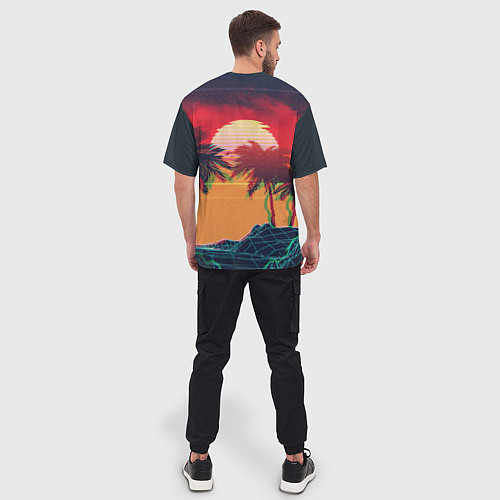 Мужская футболка оверсайз Пальмы и пляж на закате с помехами VHS ретро дизай / 3D-принт – фото 4