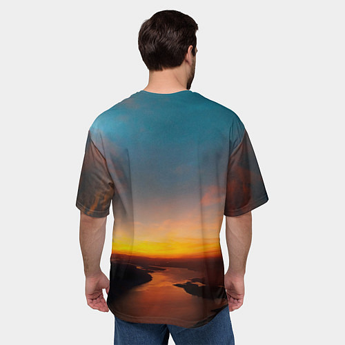 Мужская футболка оверсайз Горная река на фоне заката / 3D-принт – фото 4