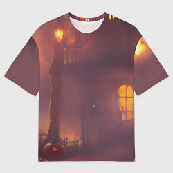Мужская футболка оверсайз Викторианский дом и старые фонари с тыквами в пурп