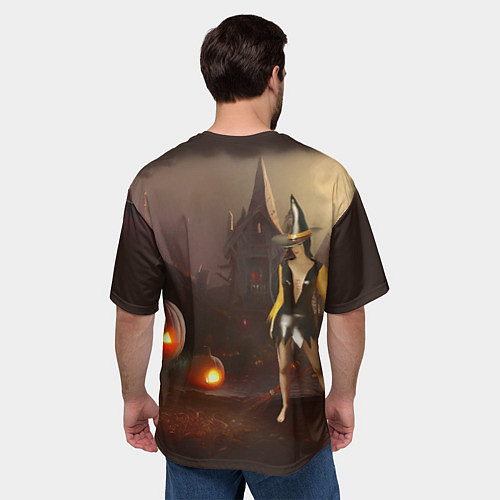 Мужская футболка оверсайз Ведьма с метлой и тремя тыквами возле старого дома / 3D-принт – фото 4