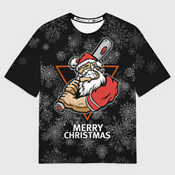 Мужская футболка оверсайз Merry Christmas! Cool Santa with a baseball bat