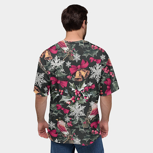 Мужская футболка оверсайз Новый год колокольчики, птицы, снежинки / 3D-принт – фото 4