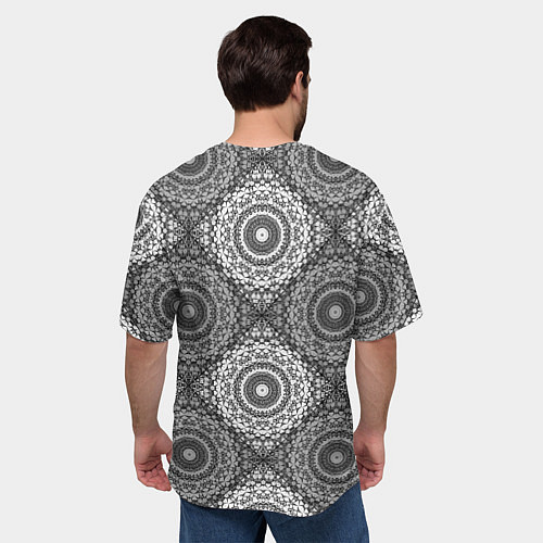 Мужская футболка оверсайз Ажурный кружевной узор пэчворк Черно-белые квадрат / 3D-принт – фото 4