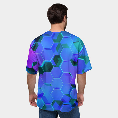 Мужская футболка оверсайз Синие неоновые плиты / 3D-принт – фото 4