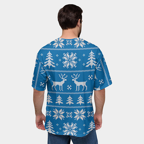 Мужская футболка оверсайз Рождественский синий свитер с оленями / 3D-принт – фото 4