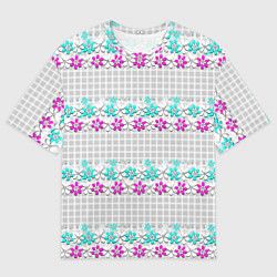 Футболка оверсайз мужская Цветочный узор бирюзово-розовый на сером клетчатом, цвет: 3D-принт