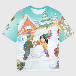Мужская футболка оверсайз Новогодние каникулы - дети лепят снеговика
