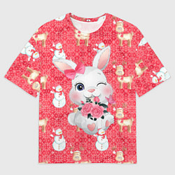 Мужская футболка оверсайз Новый год - зайка с цветами