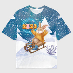 Футболка оверсайз мужская Зайчик на санках 2023, цвет: 3D-принт