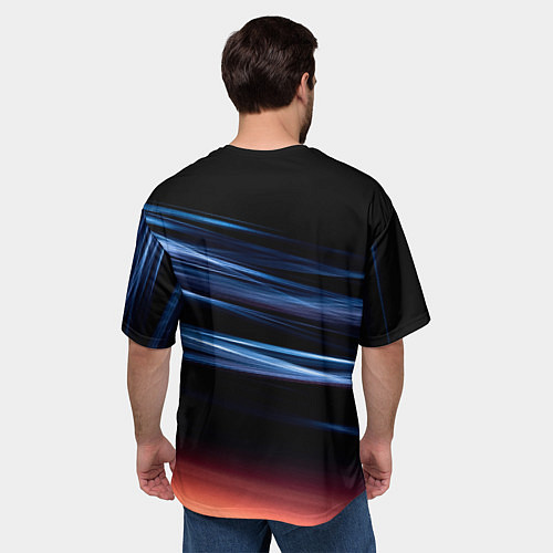 Мужская футболка оверсайз Синие и оранжевые линии во тьме / 3D-принт – фото 4