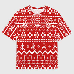 Мужская футболка оверсайз Новогодний узор на красном фоне