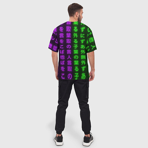 Мужская футболка оверсайз Неоновые иероглифы : Люси из киберпанка / 3D-принт – фото 4