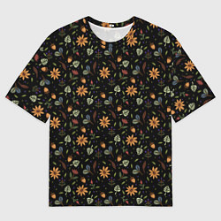 Футболка оверсайз мужская Уютные растения на чёрном фоне, цвет: 3D-принт