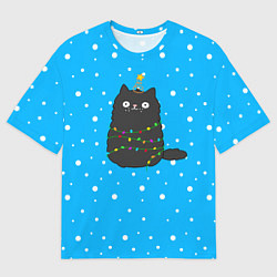 Футболка оверсайз мужская Котоёлочка - на фоне снегопада, цвет: 3D-принт