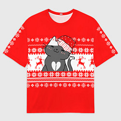 Мужская футболка оверсайз Котик новогодний - Свитер с оленями