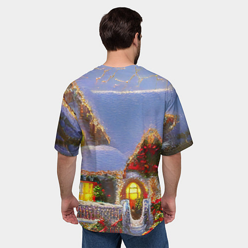 Мужская футболка оверсайз Украшенный новогодний коттедж и снежные сугробы / 3D-принт – фото 4