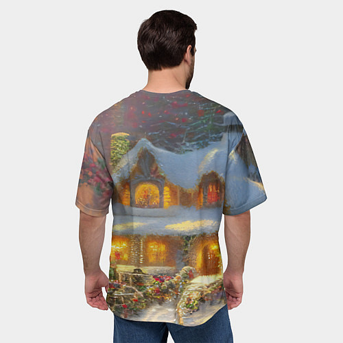 Мужская футболка оверсайз Заснеженные деревья и новогодний коттедж с гирлянд / 3D-принт – фото 4