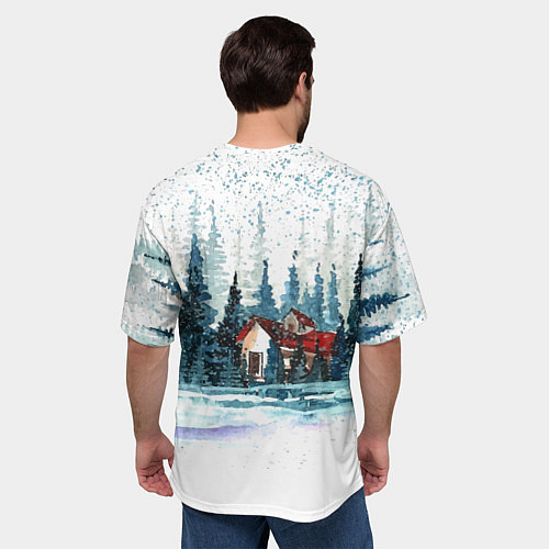 Мужская футболка оверсайз Санта на сноуборде в лесу / 3D-принт – фото 4