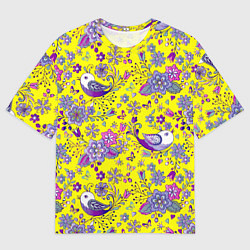 Футболка оверсайз мужская Птички и цветы на желтом, цвет: 3D-принт