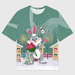 Мужская футболка оверсайз Заяц с цветами новогодний