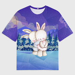 Футболка оверсайз мужская Зайчики обнимаются - новый год, цвет: 3D-принт