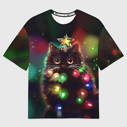 Футболка оверсайз мужская Новогодний котик с гирляндой, цвет: 3D-принт