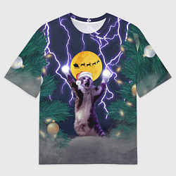 Мужская футболка оверсайз Новогодний кот с молниями