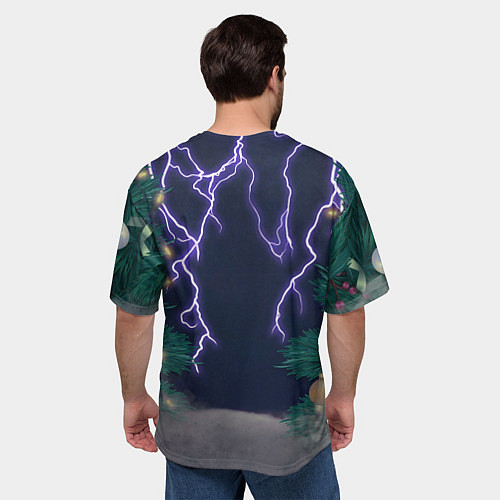 Мужская футболка оверсайз Новогодний кот с молниями / 3D-принт – фото 4