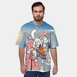 Футболка оверсайз мужская Веселый заяц на фоне елки, цвет: 3D-принт — фото 2