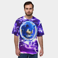 Футболка оверсайз мужская Соник в круге на фоне молний, цвет: 3D-принт — фото 2