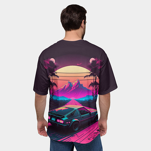 Мужская футболка оверсайз Synthwave car and mountains / 3D-принт – фото 4