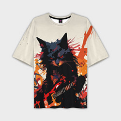 Футболка оверсайз мужская Black rocker cat on a light background - C-Cats co, цвет: 3D-принт