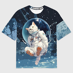 Футболка оверсайз мужская Белый кот космонавт в невесомости, цвет: 3D-принт